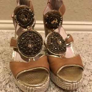Vince Camuto gold and light brown wedges with rope pattern and crystals